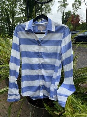 Blue and White Wide Stripe Button-Up Shirt by Banana Republic